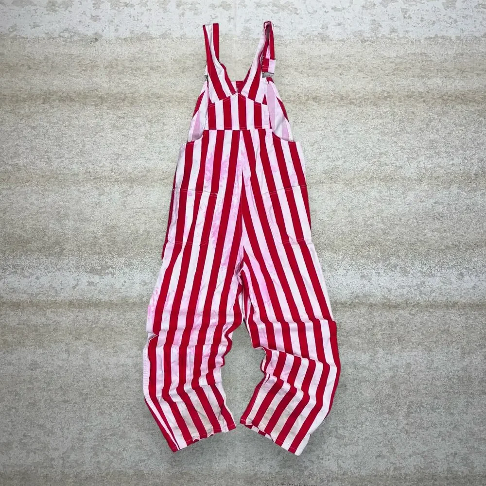Vintage 90s Game Bibs Overalls Mens S Baggy Fit Wide Leg Red White Striped Work - Picture 2 of 4